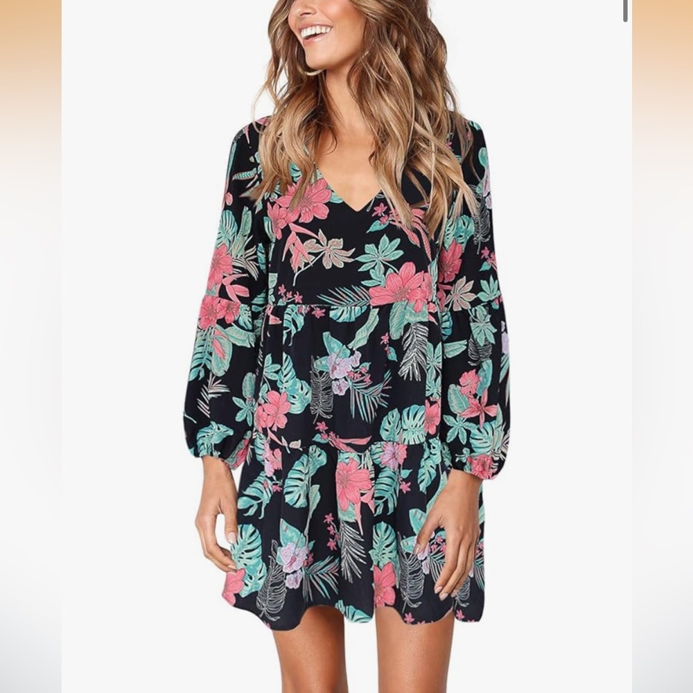 Boutique Brand Size Medium Black and Pink Floral Tropical Swing Dress - Picture 6 of 8